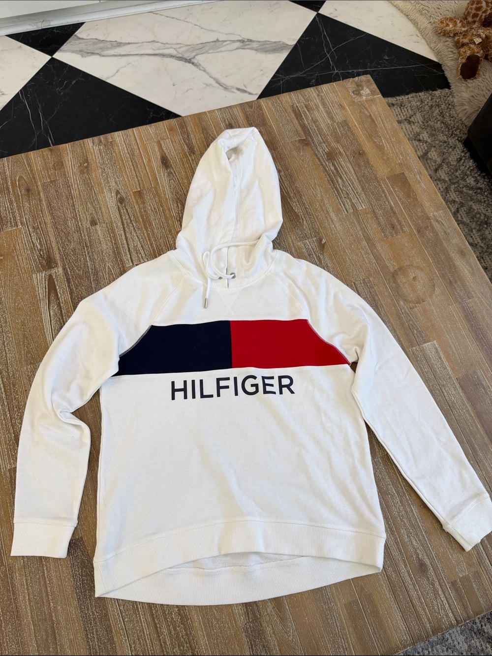 Tommy Hilfiger White Hoodie with Navy and Red Chest Stripe